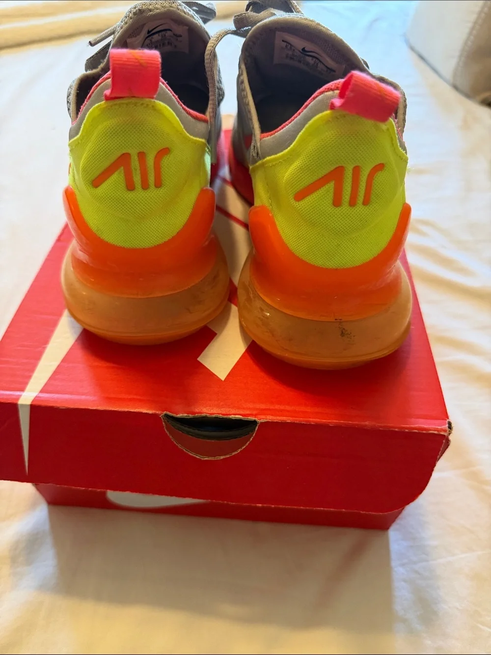 Nike Air Max 270 Men’s Grey with Neon Yellow and Bright Orange Accents